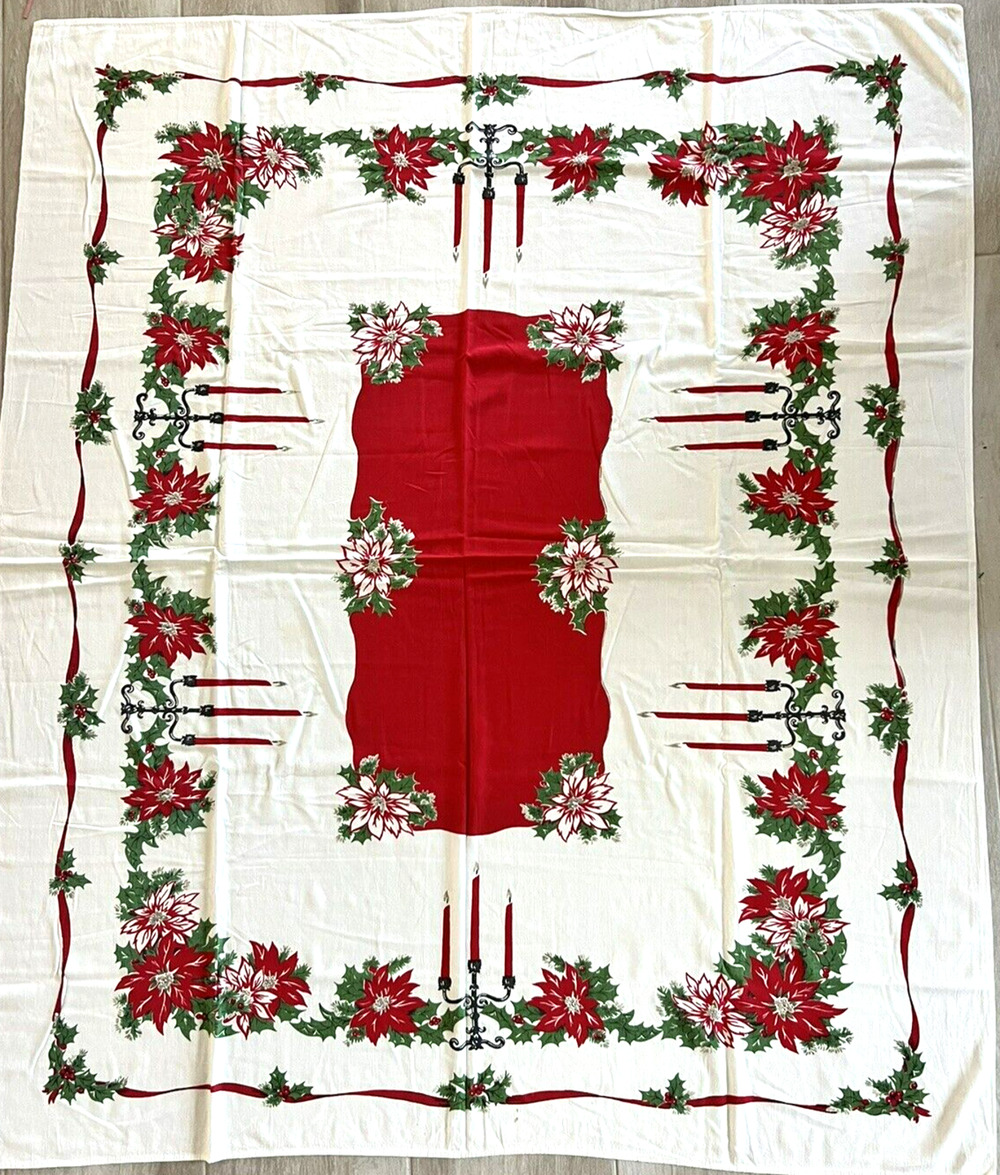 Vtg 1950s Linen Christmas White Green & Red Poinsettias & Candelabra Tablecloth